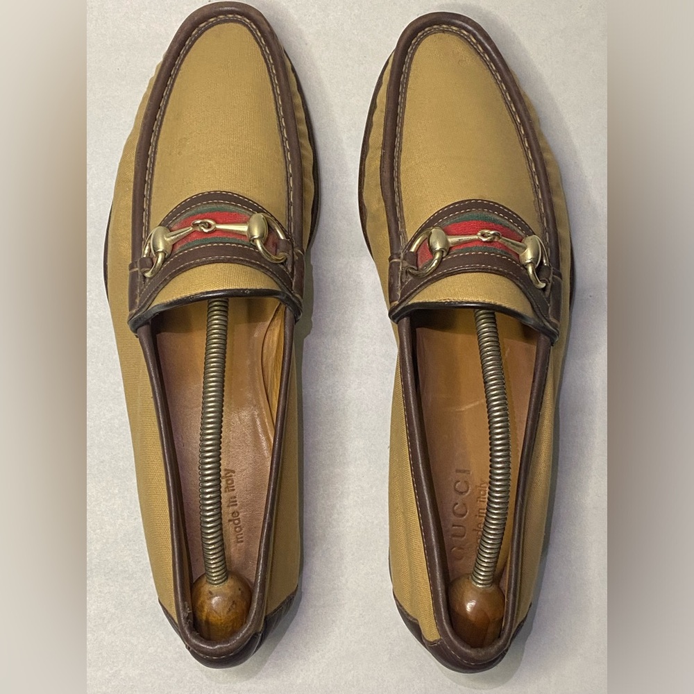 Gucci Sherry Line Horsebit Loafers size 42E Web Brown